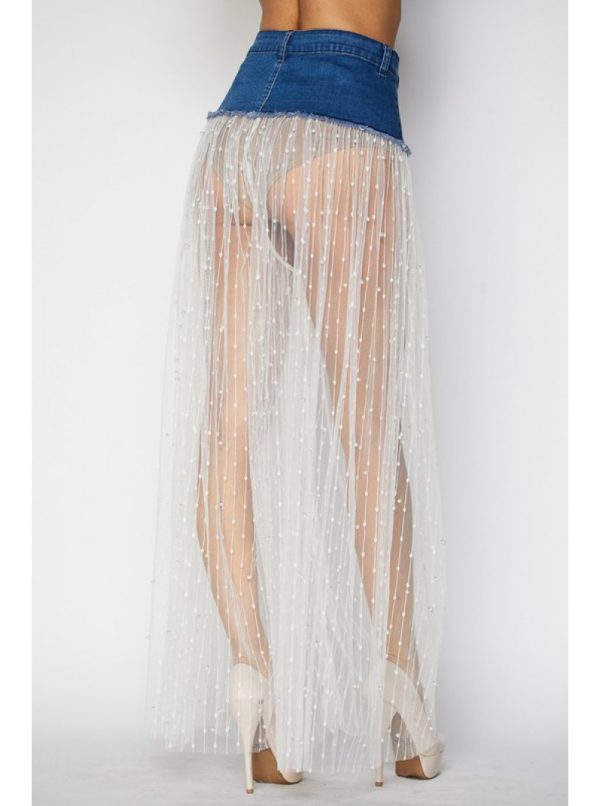 Pearl Embellished Sheer Lace Denim Pants - Image 2