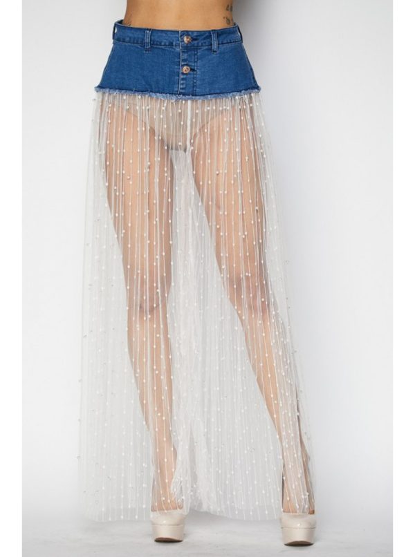 Pearl Embellished Sheer Lace Denim Pants - Image 3