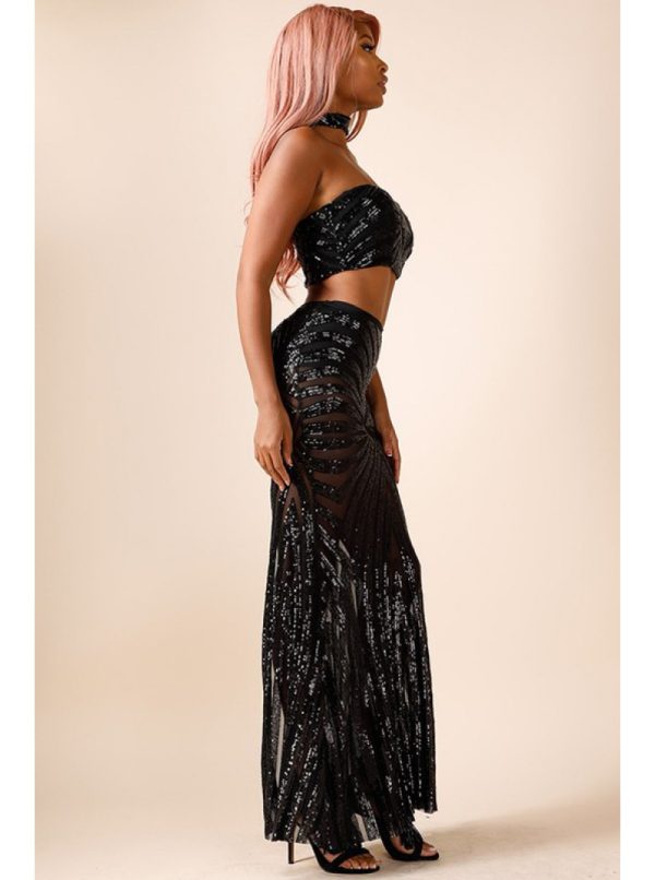 DIAMOND SEQUIN CHOKER TOP & LONG SKIRT SET - Image 3