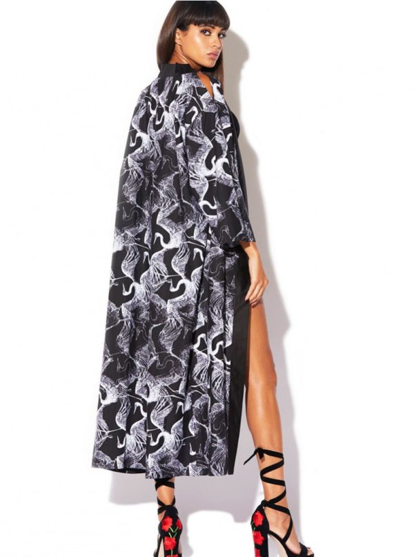 White Crane Printed Black Tsuru Robe - Image 2