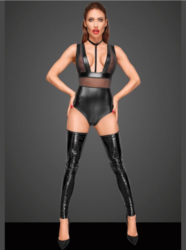 Wet-Look & Sheer Tulle Bodysuit W/ Zipper Crotch - Image 3