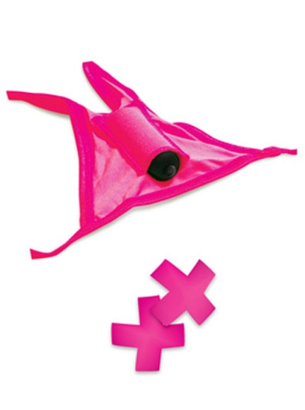 Neon Pink Vibrating Crotchless Panty and Pasties Set - Image 2