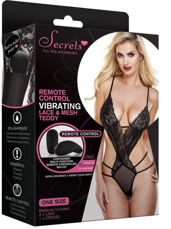 Black Lace & Mesh Remote Controlled Vibrating Strappy Teddy - Image 2